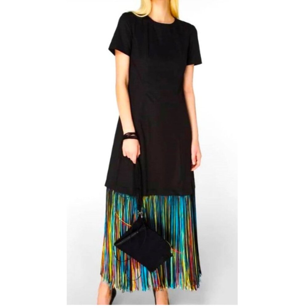 Paskal Laser Cut Fringe Hem Midi Dress Sz L Black Red Blue Yellow $710